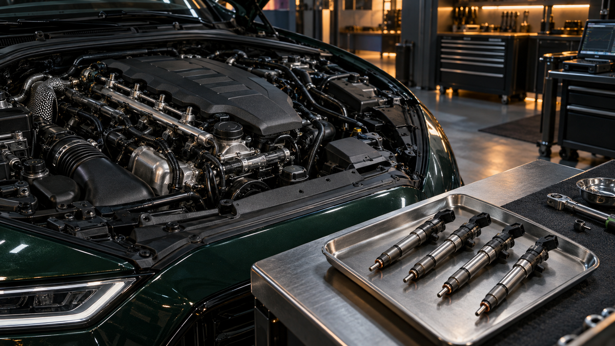 Conjunto de injetores junto a um motor diesel moderno